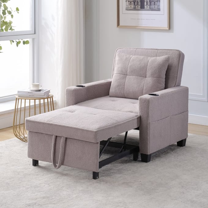 MODFU Fauteuilbed - 3-In-1 - Verstelbare Rugleuning - Met Bekerhouders En USB-Aansluiting - Hout En Metaal - Grijs