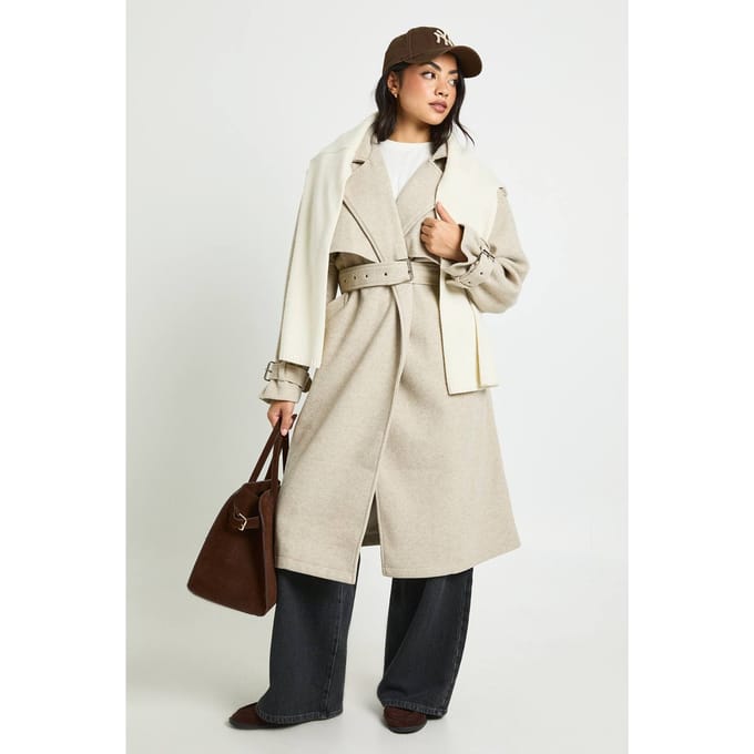 boohoo Dames Oversized Getailleerde Wol Look Trenchcoat | Stone | Maat: 16