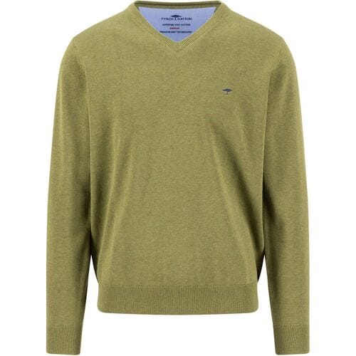 Fynch-Hatton Trui V-Neck Solid Color Superfine 3-Ply Cotton Moss / male
