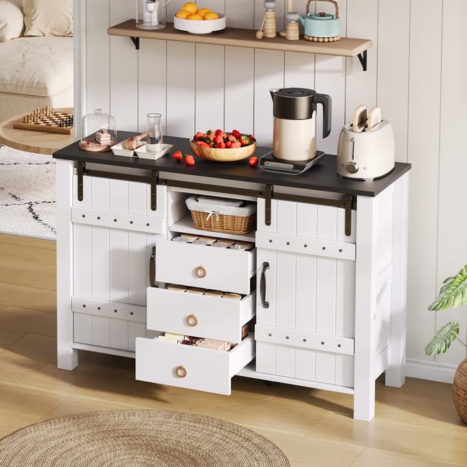 Buffetschrank - 120 cm - 3 Lades + Schuifdeuren - Rustieke Koffiebarstijl - MDF - Wit