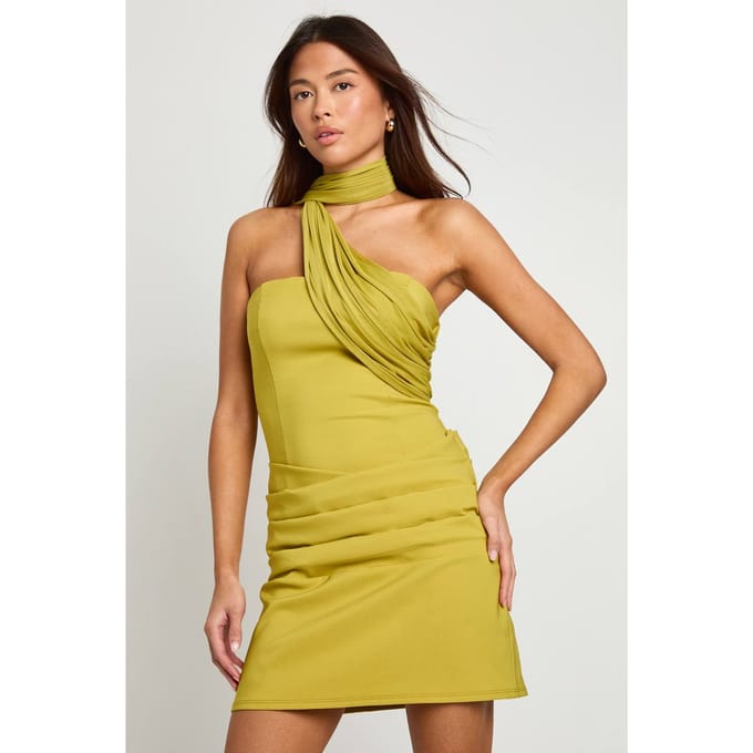 boohoo Dames Gedrapeerde mini-jurk in een mix van meshstoffen | Chartreuse | Maat: 12