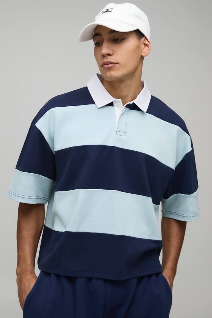 Oversized Gekrompen Gestreepte Interlock Korte Mouw Rugby Polo | Blue | Size Large