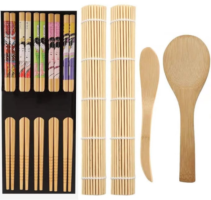 Bamboe Sushi Making Kit, inclusief 2 bamboe matten, 5 paar eetstokjes, 1 rijstspatel, 1 schep