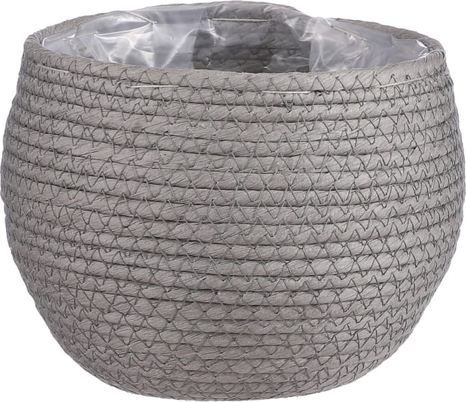 Mica Decorations Bloempot - rotan - grijs - jute - 18 x 15 cm - Met plastic binnenkant