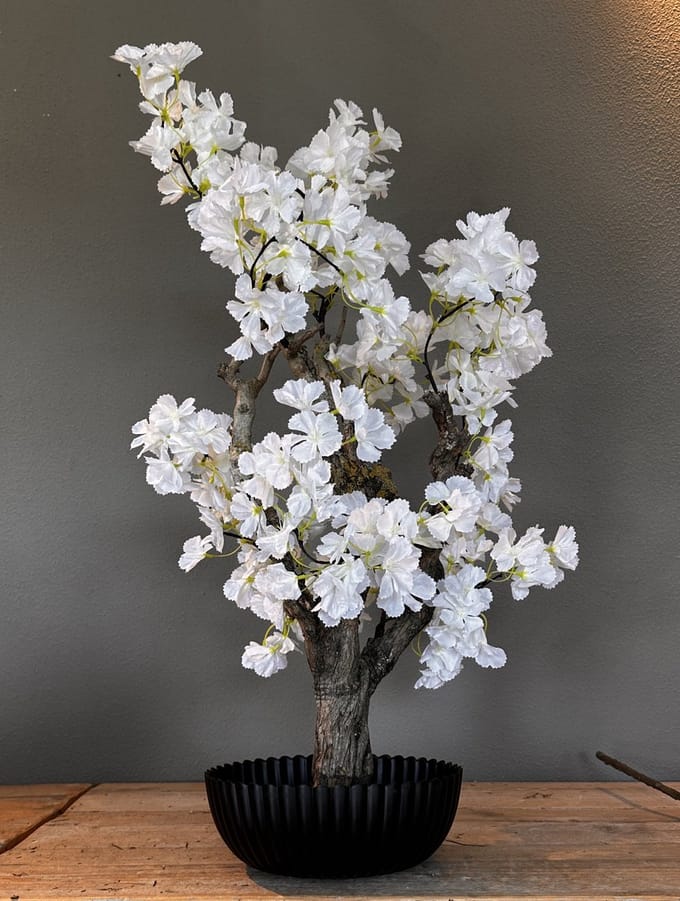 Kunstbloesemboom Wit - Echte Houten Stam - Handgemaakt - Fluffy Sakura - 75 cm - Seta Fiori -