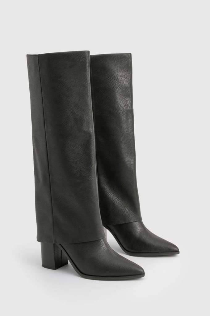 boohoo Dames Kniehoge laarzen met brede pasvorm, getextureerde foldover en gestapelde hak | Black | Maat: 4