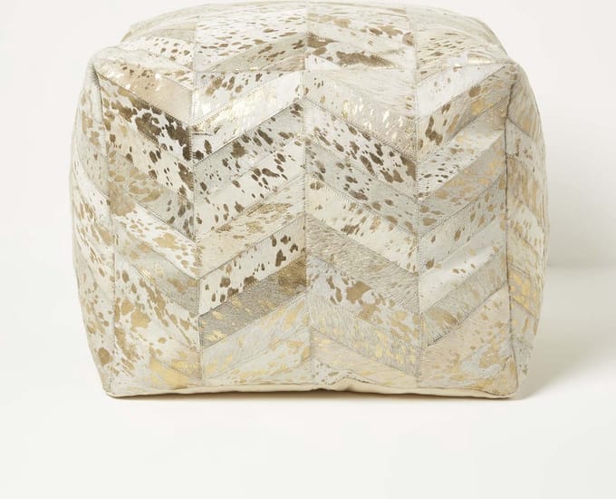 Homescapes Chevron-Muster Patchwork-Poef aus Leder & Fell crème-grijs-goud, 50 x 40 cm