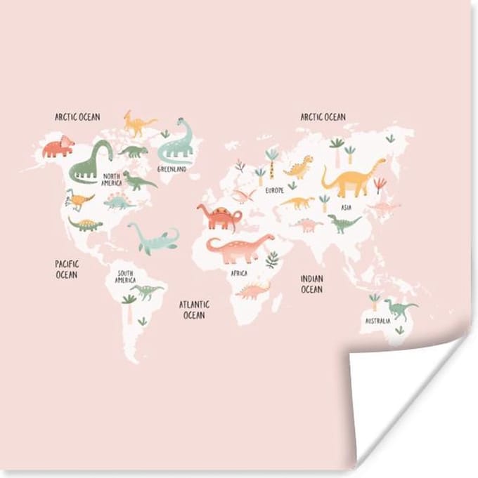 Wereldkaart - Kinderen - Dinosaurussen - 30x30 cm - Poster