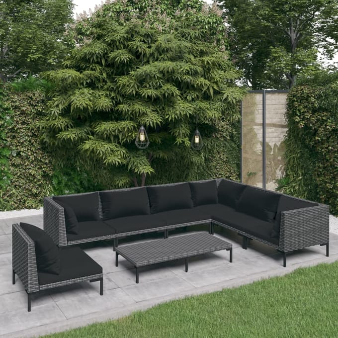 vidaXL - 8-delige - Loungeset - met - kussens - poly - rattan - donkergrijs