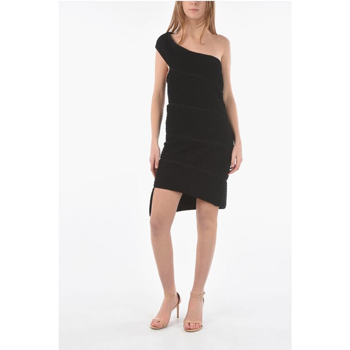 Mini-jurk met één schouder en BUBBLE KNIT in zwart