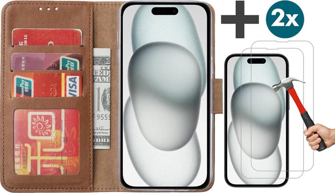 Hoesje met 2 Stuks Screenprotectors Geschikt voor iPhone 15 – Arara bookcase met pasjeshouder - Bruin
