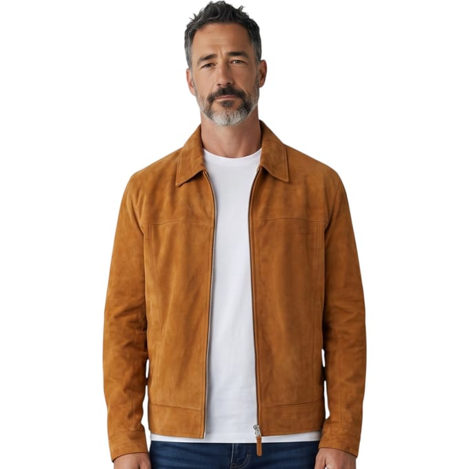 Heren Tan Geitensuède Leren Harrington-bikerjas - Bursa