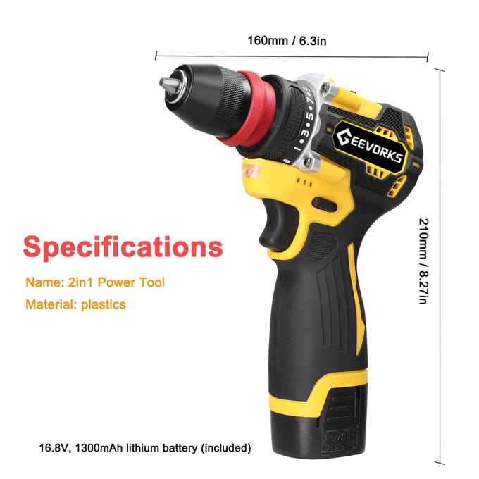 Geevorks 16.8V 2in1 lithiumboor elektrische schroevendraaier multifunctioneel elektrisch gereedschap 45Nm koppel 1pcs battery EU Plug
