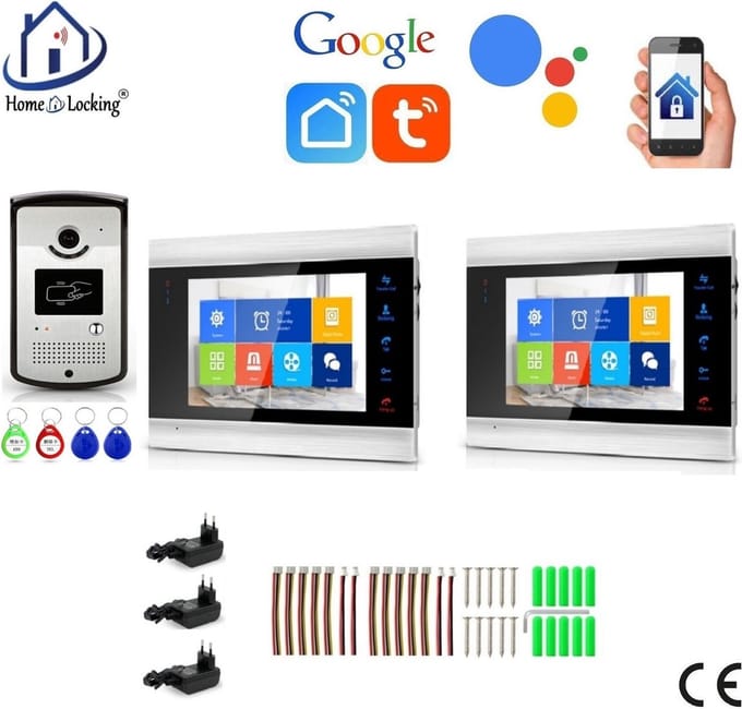WIFI videofoon/intercom met 1 deurbel camera + 2 binnen paneel/schermen en kan werken met spraak gestuurde apps. T-2102-1-2.