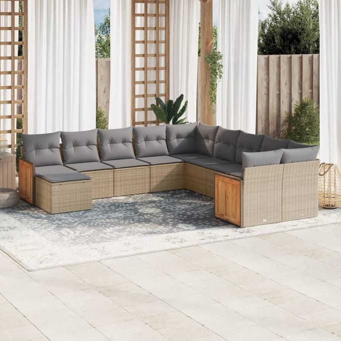 vidaXL - 11-delige - Tuinset - met - kussens - poly - rattan - beige