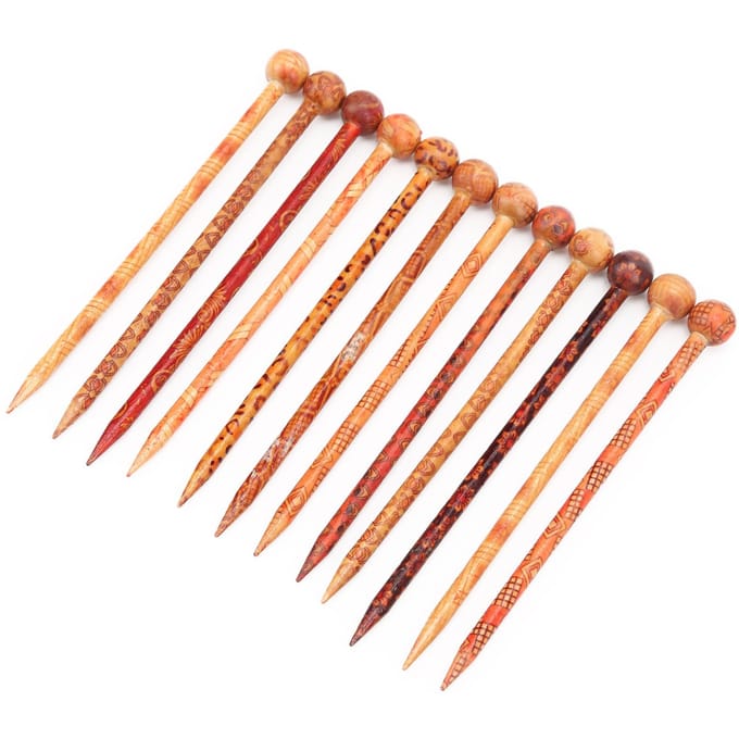 12 Stuks Haarstok DIY Retro Bedrukt Houten Folkstijl Elegant Temperamentvol Dames Decoraties brown