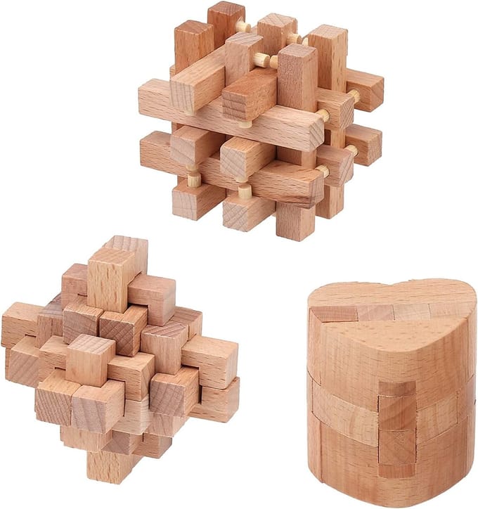 Houten Hoofdbrekers - 3D Puzzel Set - Logisch Denken - IQ Test Spel - 69 x 69 cm - Bruin