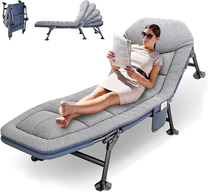 Veldbed Inklapbaar - Campingbed Matras - Ontspannen Buiten - Verstelbare Rugleuning - 190x65x30cm - Grijs