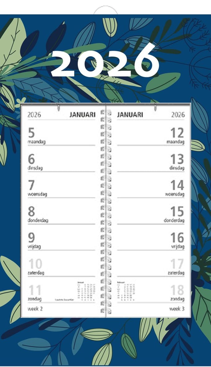 MGPcards - Omlegweekkalender 2026 - Week begint op maandag - 21 x 34 cm - Bladeren - Donker blauw