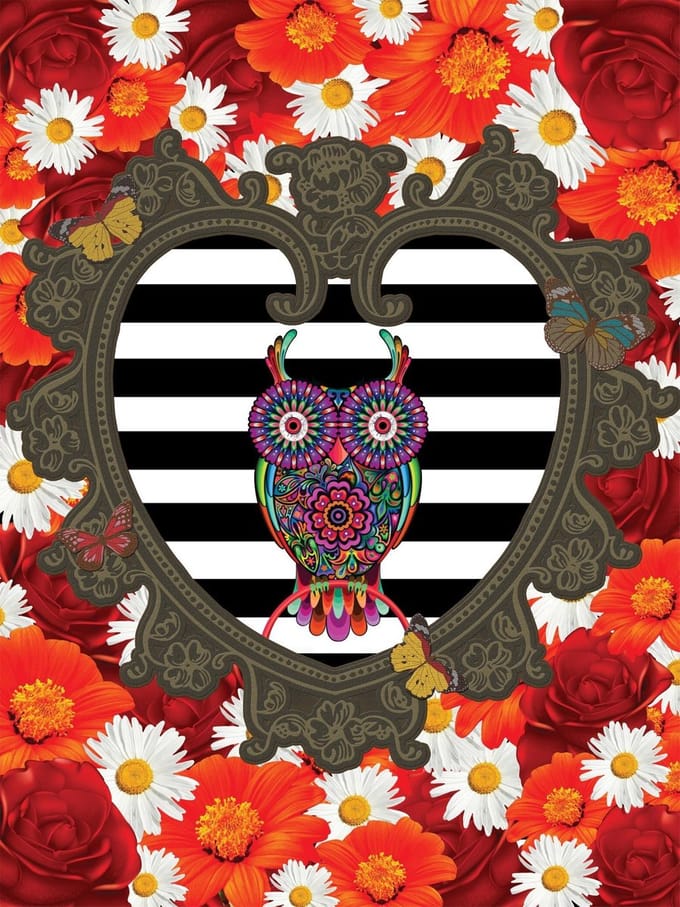 Floral Heart Owl Red Photo Wallcovering
