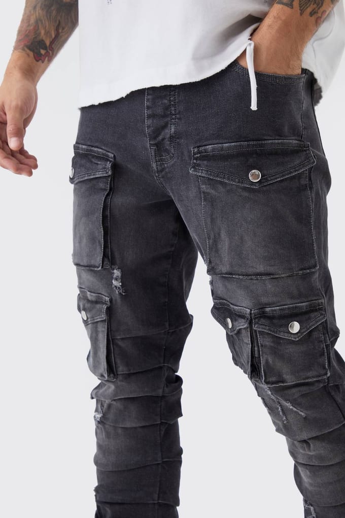 Skinny Stacked Multi Cargo Pocket Flared Jeans | Mid Grey | Size 36R