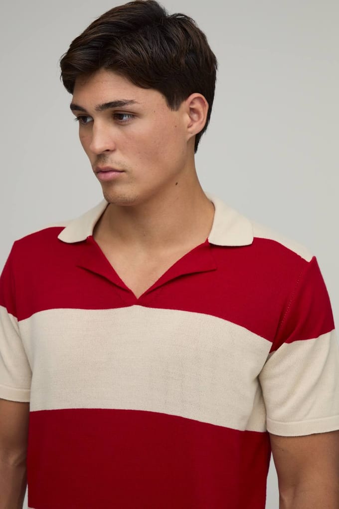 Regular Fit Revere Striped Knitted Polo T-Shirt | Red | Size Small