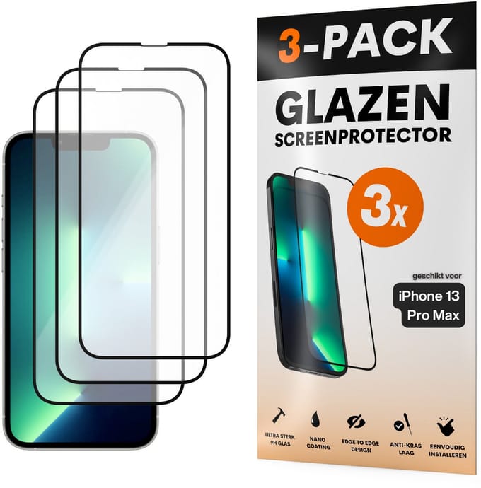 Screenprotector - Geschikt voor iPhone 13 Pro Max - Gehard Glas - Full Cover Tempered Glass - Case Friendly - 3 Pack