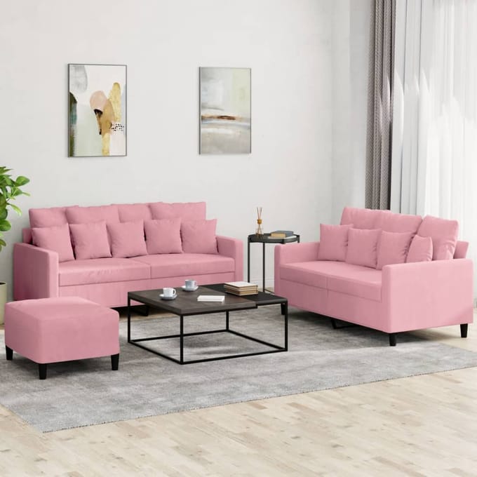 vidaXL 3-delige Loungeset met kussens fluweel roze