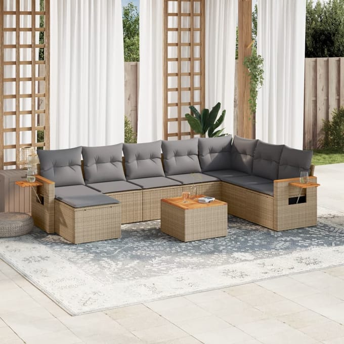 vidaXL - 9-delige - Loungeset - met - kussens - poly - rattan - beige