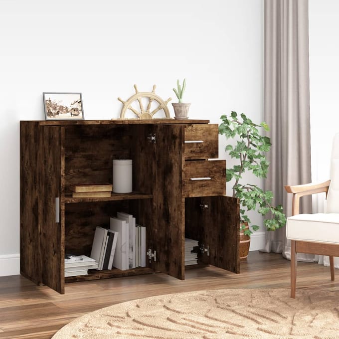 vidaXL - Dressoir - 91x29,5x75 - cm - bewerkt - hout - gerookt - eikenkleurig