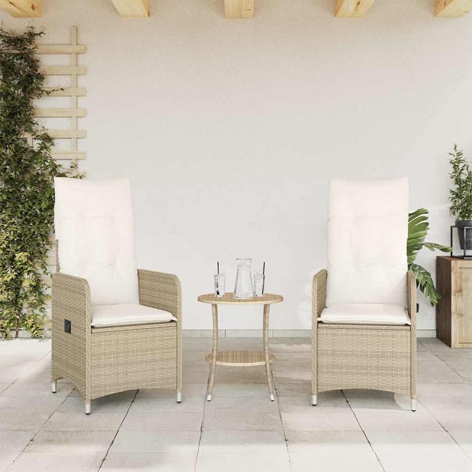 vidaXL - Tuinstoelen - 2 - st - verstelbaar - met - tafel - poly - rattan - beige