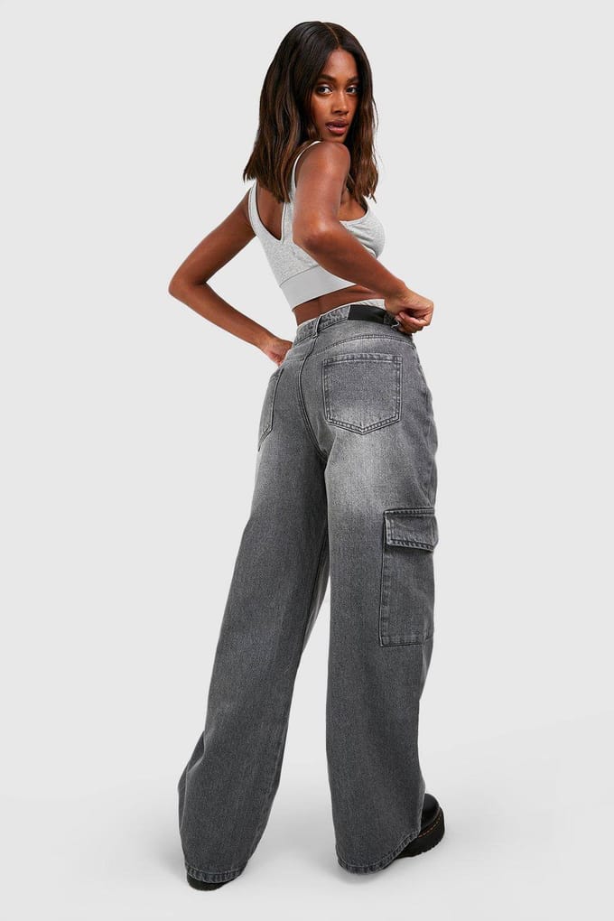 boohoo Dames De wijde pijp cargo jeans | Mid Grey | Maat: 8