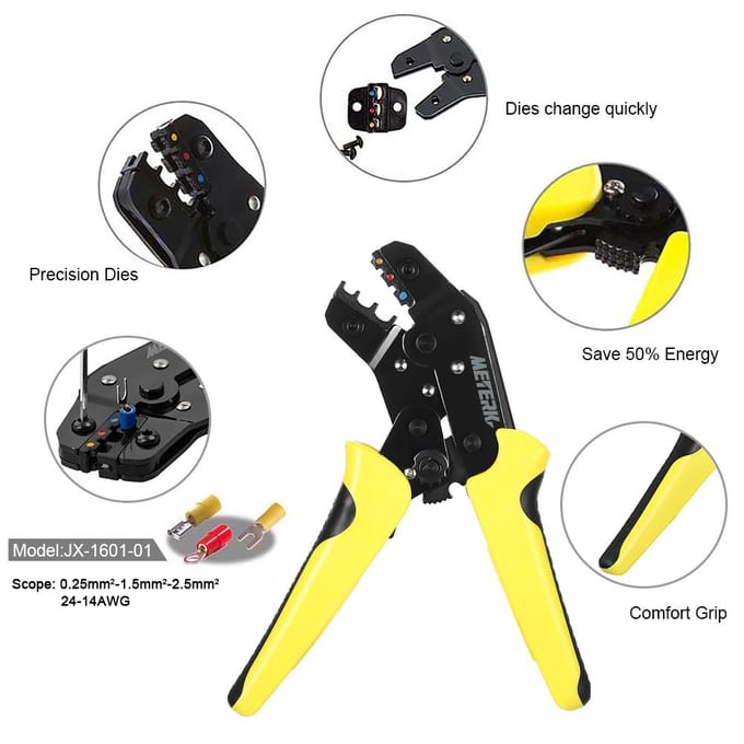 Meterk Professionele draadcrimper Engineering Ratchet Terminal Krimptang 24-14AWG(0.25-2.5mm2) yellow