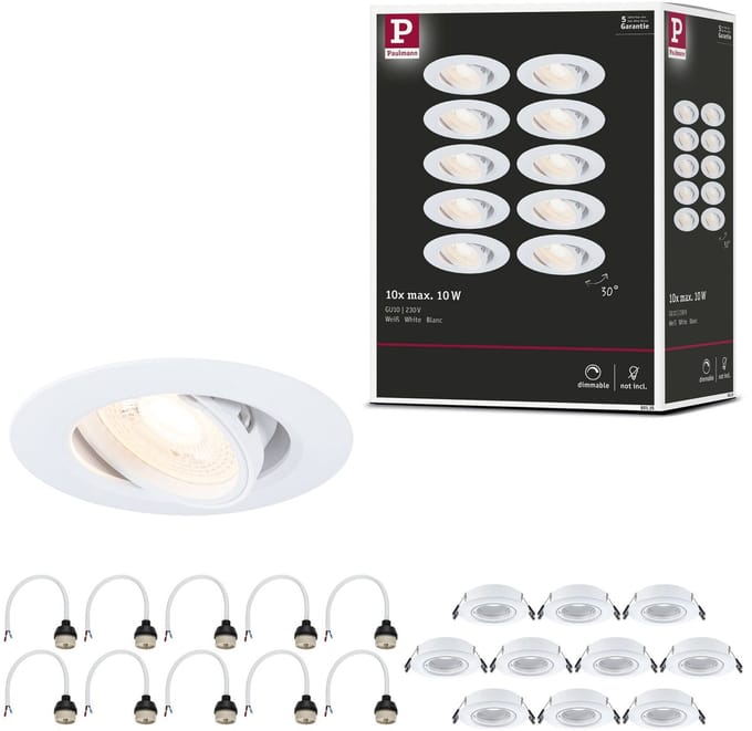 Paulmann Inbouwspot 92115 wit Ø 9 cm, dimbaar, 30° draaibaar, set van 10 stuks, GU10