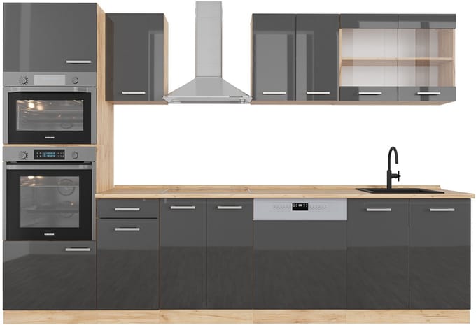 Vicco R-Line Complete keukeneenheid – 300 cm met hoge kast, WB Eik Antraciet hoogglans/goud eiken