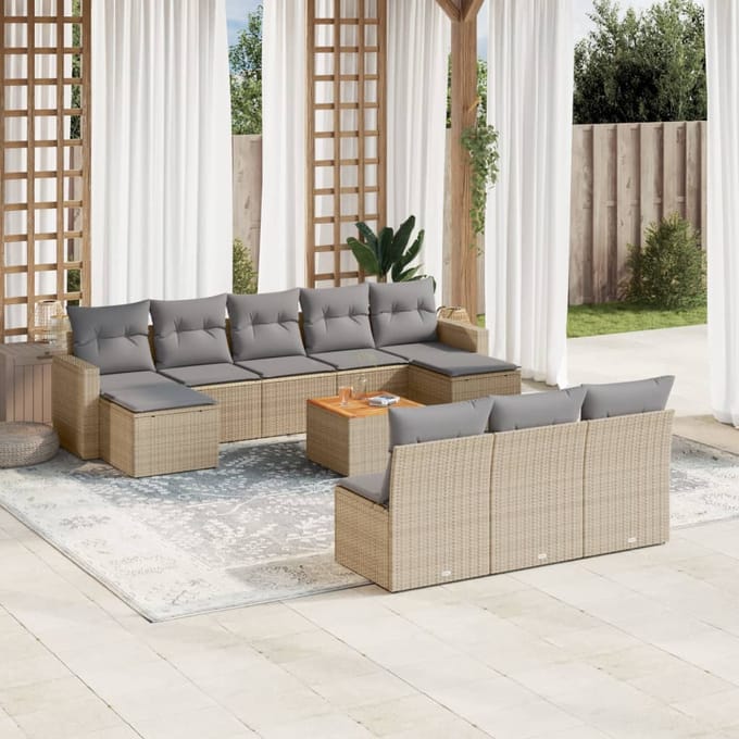 vidaXL - 11-delige - Tuinset - met - kussens - poly - rattan - beige