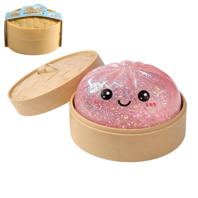 Boule Anti-Stress Dumpling Pailletée avec Boîte Dumplings Jouet Sensoriel à Presser Décompression Montée Lente Anti-Stress Cadeau Sensoriel rose