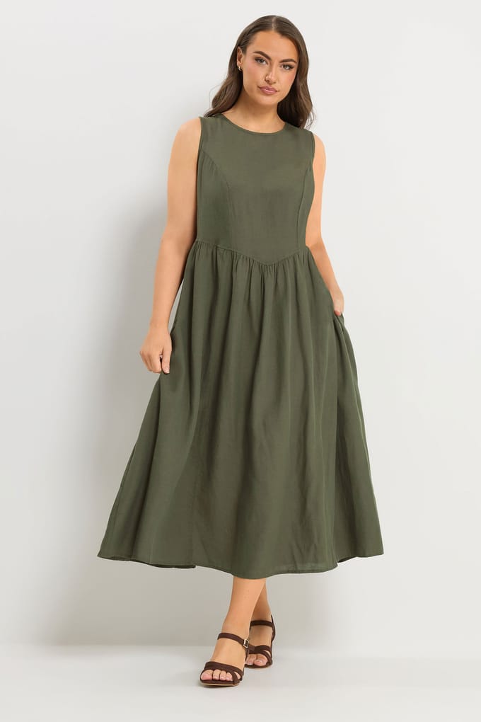 Yours Kaki Groene Mouwloze Maxijurk Van Linnen Size 44