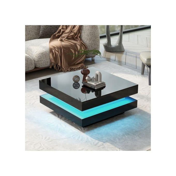 Table basse carrée noire - style technologique moderne avec éclairage LED 16 couleurs, 70x70x36 cm, charge max. 45 kg