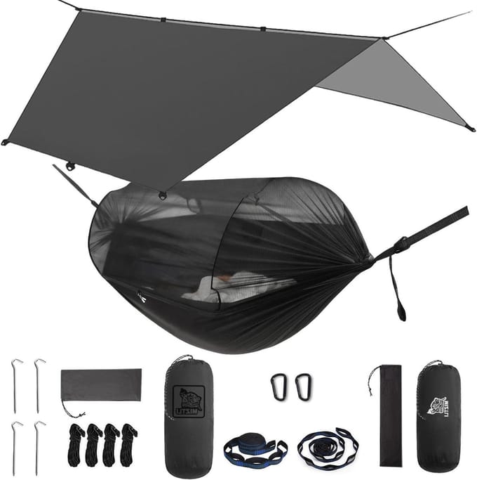 Campinghangmat met net - Dubbele hangmat - Outdoor ontspanning - Ruim muggennet - 3 x 1.8 meter - Zwart
