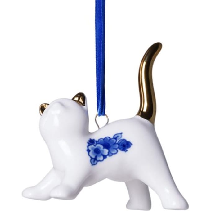 Heinen delfts blauw kerstornament - kat speels, 5 cm