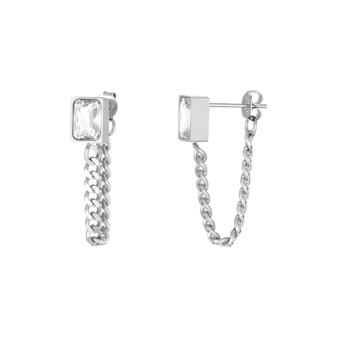 Earrings with chain and zircon  - Yehwang - Oorbellen - One size - Zilver