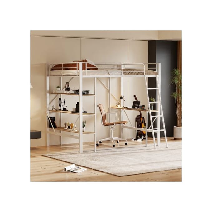 Lit mezzanine - MUVOE - 90x200 cm - Métal blanc - Bureau intégré - 3 étagères blanc