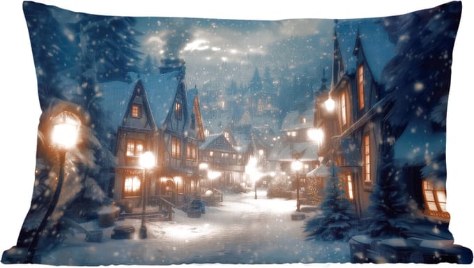 Sierkussens - Kussentjes Woonkamer - 60x40 cm - Winterdorp - Sneeuw - Donker