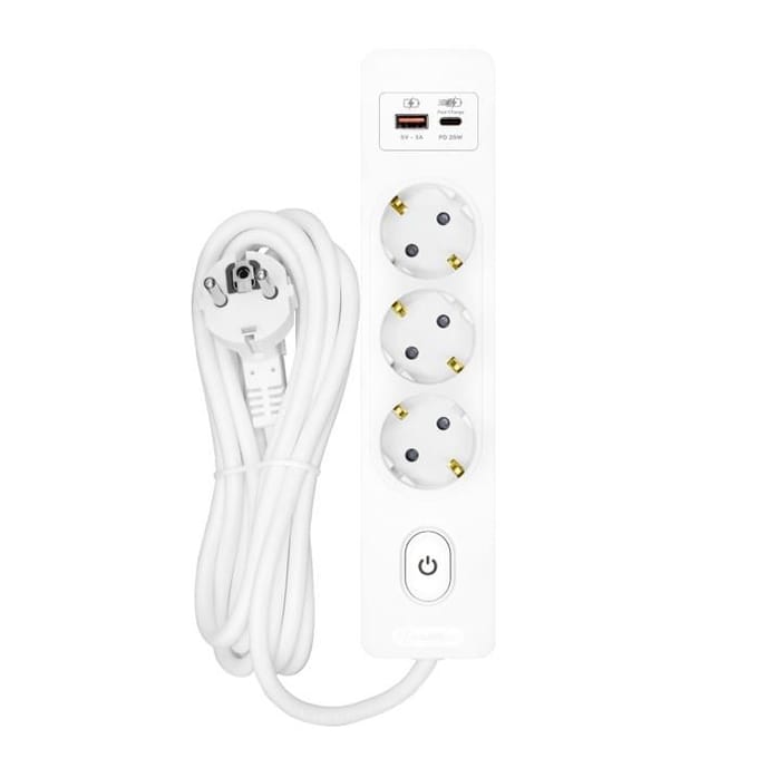 Verdeelblok SELDUR G3TH52B, 3 stopcontacten type F + schakelaar, USB A+C snelladen 20W, Wit, kabel 5m wit