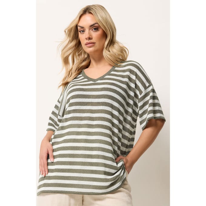 Yours Kakigroen En Ivoorwit Gebreid Tshirt Met Strepen Size 48