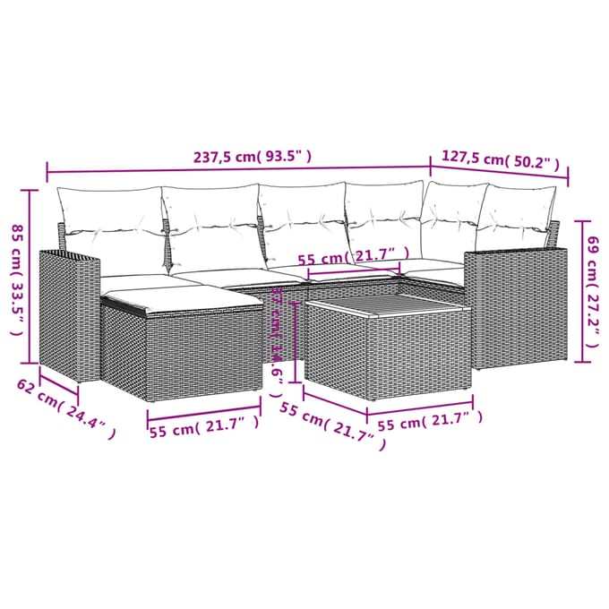 vidaXL - 7-delige - Loungeset - met - kussens - poly - rattan - beige