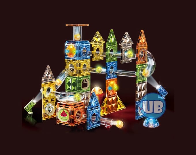 Magnetic Tiles - Knikkerbaan met Discobal en Lichteffect – 105 delig - Magnetische Bouwblokken - Magnetische Bouwset met Verlichting