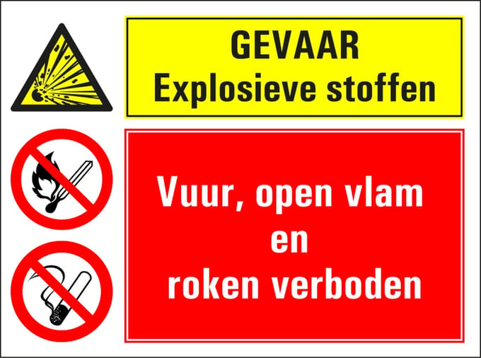 Explosieve stoffen, vuur open vlam en roken verboden sticker 400 x 300 mm