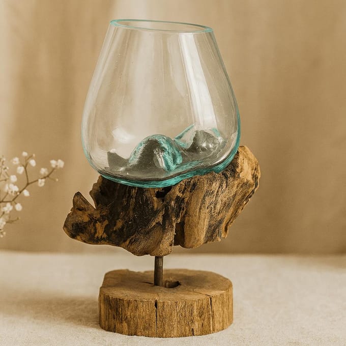 Gesmolten glas op hout met standaard - middelgrote kom
